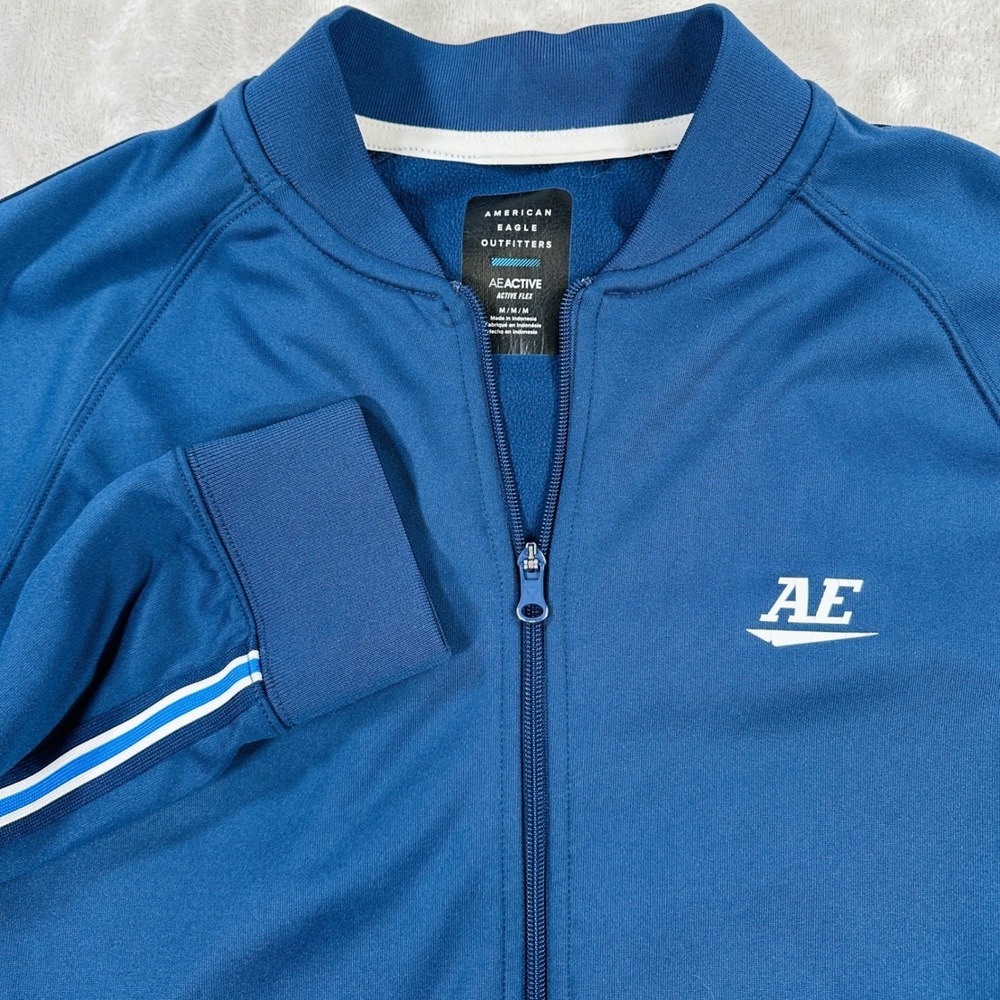 American Eagle Track Jacket Mens Med Active Flex Blue Striped Full Zip Layer